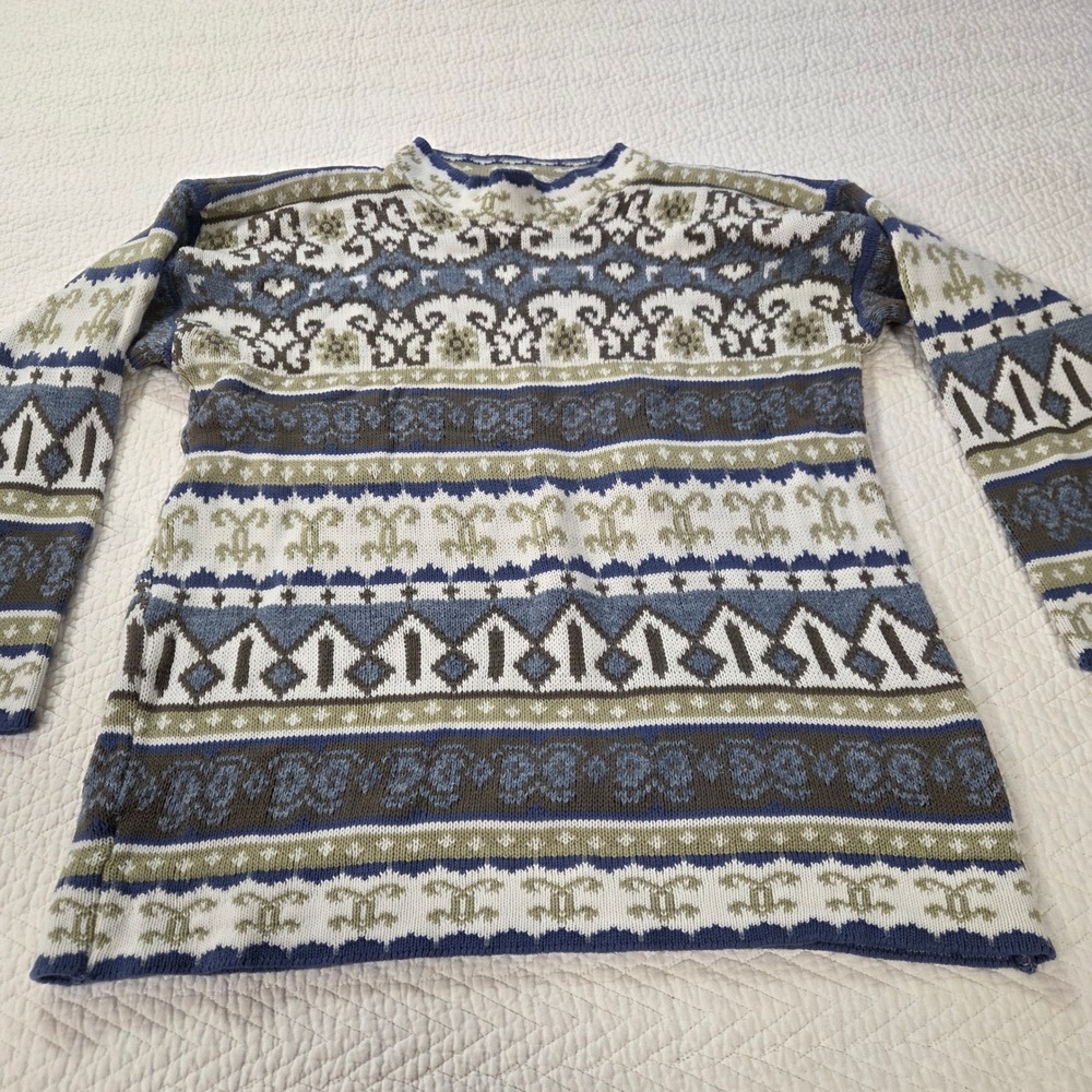 Arielle Vintage Fair Isle‎ Crewneck Sweater Blue Brown Geometric Made in USA
